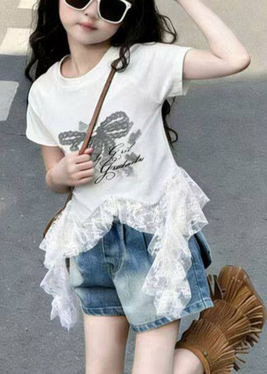 Handmade White Lace Patchwork Tassel Kids T Shirts Short Sleeve