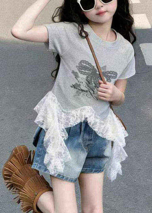 Handmade White Lace Patchwork Tassel Kids T Shirts Short Sleeve