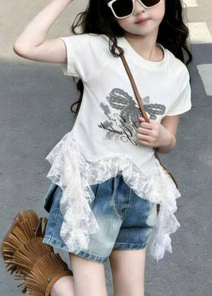 Handmade White Lace Patchwork Tassel Kids T Shirts Short Sleeve
