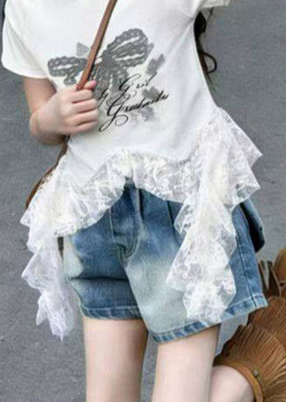 Handmade White Lace Patchwork Tassel Kids T Shirts Short Sleeve
