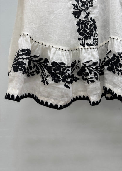 Handmade White V Neck Embroidered Linen Blouses Fall