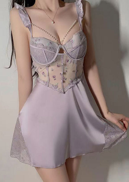 Hot Purple Lace Patchwork Backless Slips Lingerie Sets