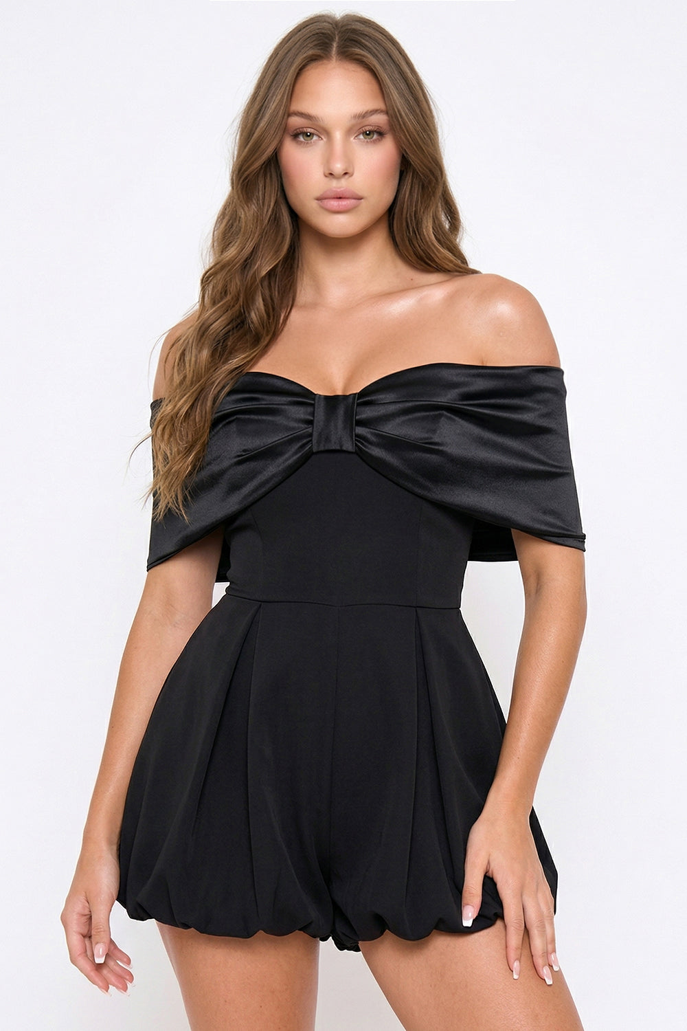 Symphony Dress - Satin Large Bow Front Off The Shoulder Romper