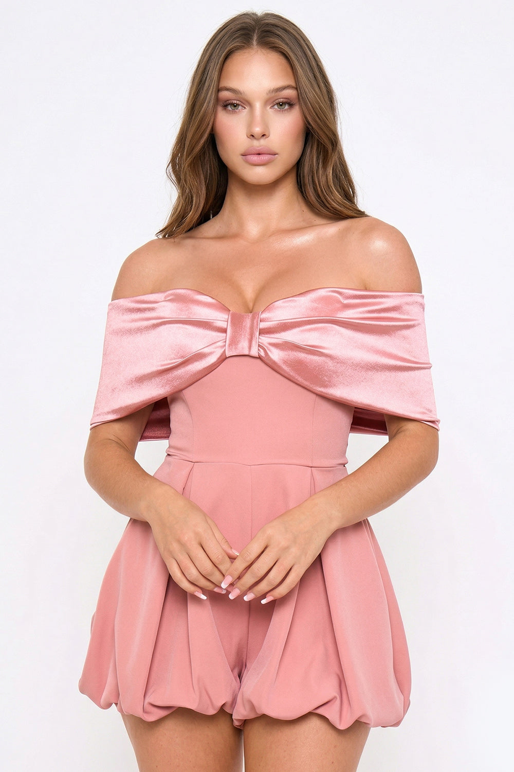 Symphony Dress - Satin Large Bow Front Off The Shoulder Romper