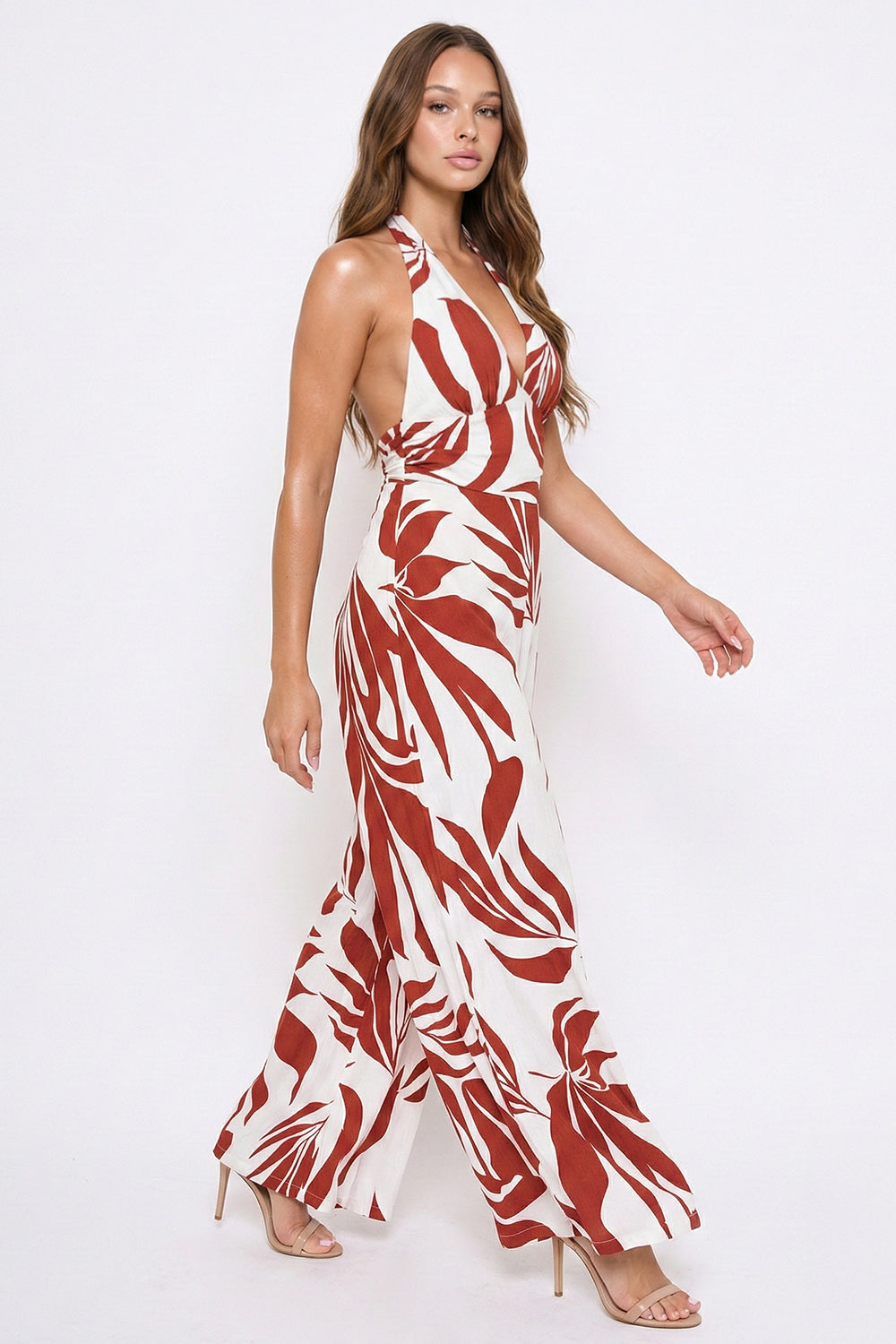 Symphony Dress - Tropical Leaf Print On Linen Jumpsuit