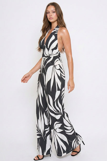 Symphony Dress - Tropical Leaf Print On Linen Jumpsuit