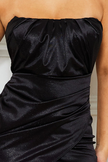 Symphony Dress - Glitter Satin Pleated Tube Top Mini Dress