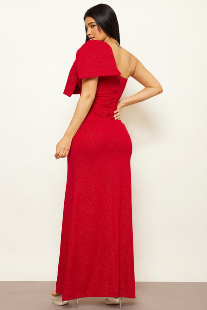 Symphony Dress - One Shoulder Oversized Bow On Sleeve Maxi Dress