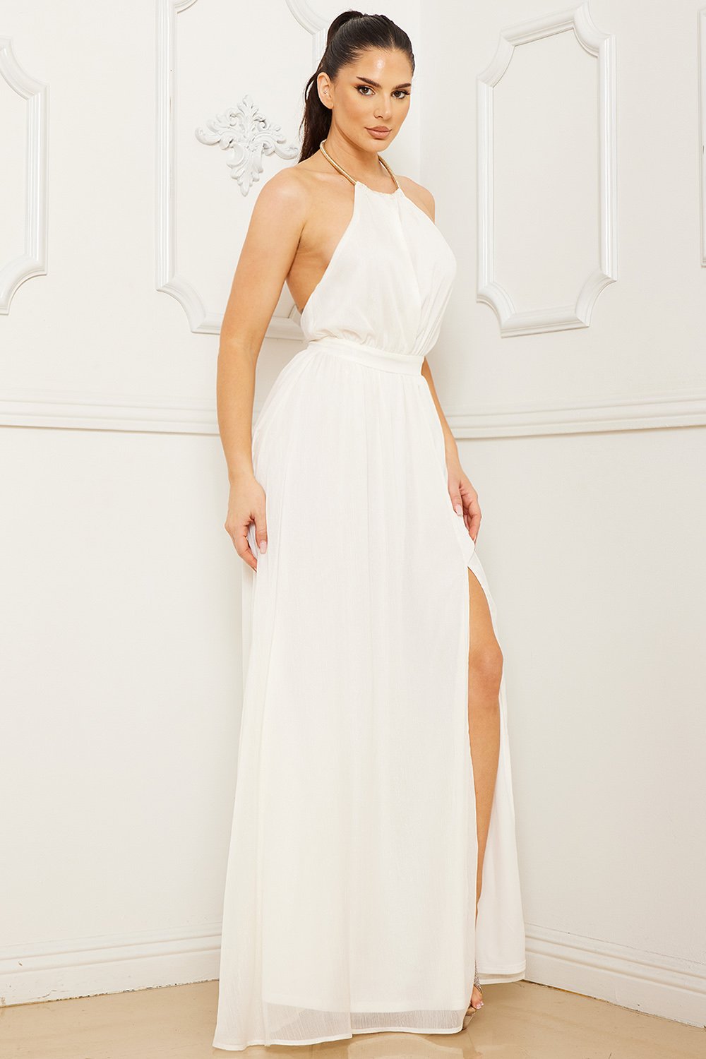 Symphony Dress - Halter Surplice With Chain Necklace Maxi Dress
