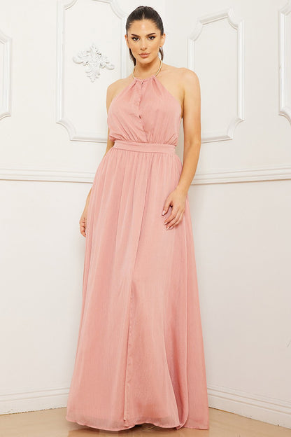 Symphony Dress - Halter Surplice With Chain Necklace Maxi Dress