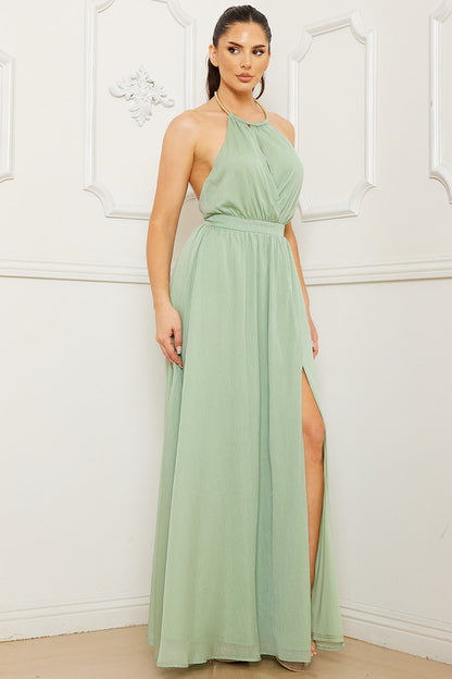 Symphony Dress - Halter Surplice With Chain Necklace Maxi Dress