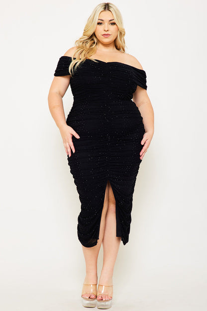 Symphony Dress - Shirring Side Off The Shoulder Plus Size Night Out Midi Dress