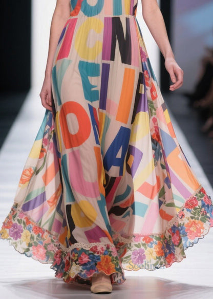 Italian Apricot Cold Shoulder Print Chiffon Strapless Dress Summer