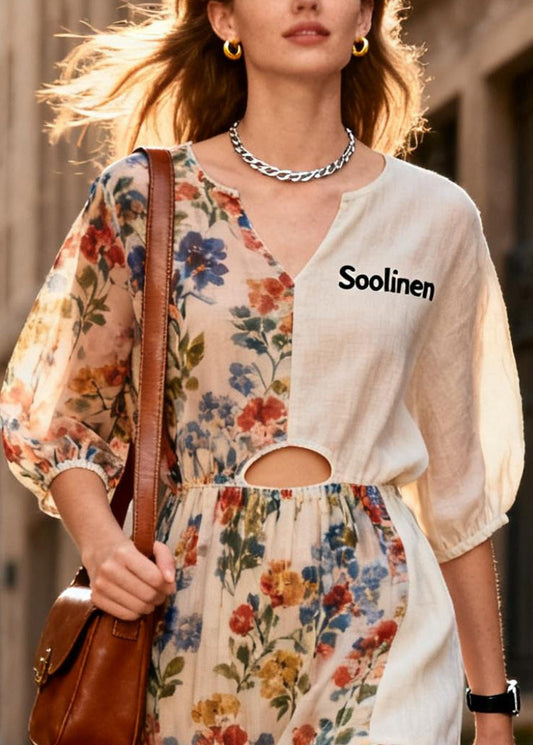 Italian Beige Print Patchwork Chiffon Holiday Dress Summer