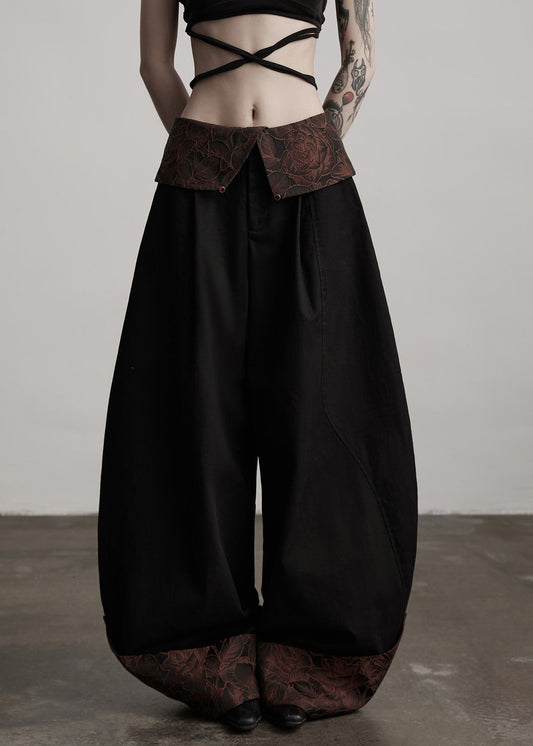 Italian Black Jacquard Patchwork Cotton Wide Leg Pants Spring