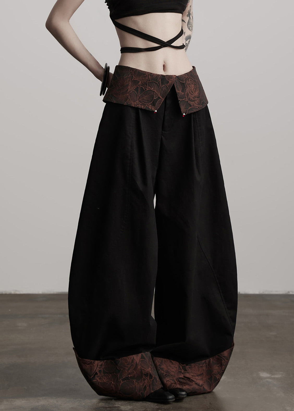 Italian Black Jacquard Patchwork Cotton Wide Leg Pants Spring
