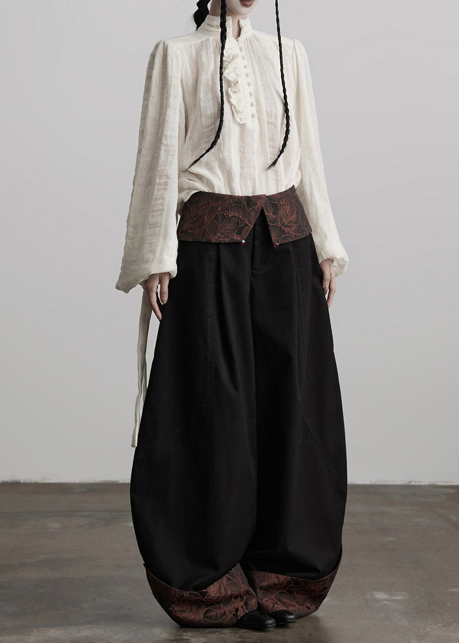Italian Black Jacquard Patchwork Cotton Wide Leg Pants Spring