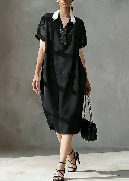 Italian Black Peter Pan Collar Patchwork Vacation Long Dresses Short Sleeve