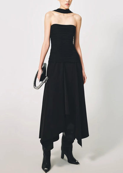 Italian Black Wrinkled Solid Cotton Long Dress Sleeveless