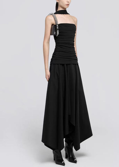Italian Black Wrinkled Solid Cotton Long Dress Sleeveless