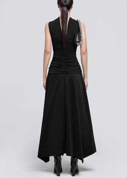 Italian Black Wrinkled Solid Cotton Long Dress Sleeveless