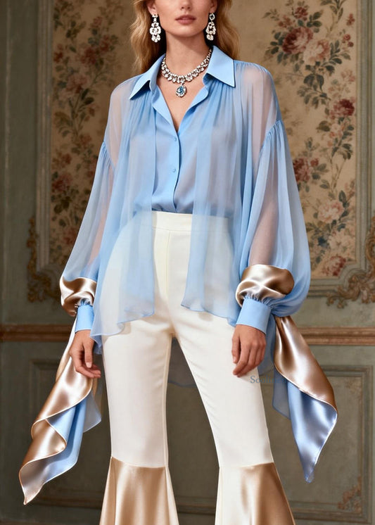 Italian Blue False Two Pieces Shirts And White Flared Trousers Silk Patchwork Two Pieces Set Spring
