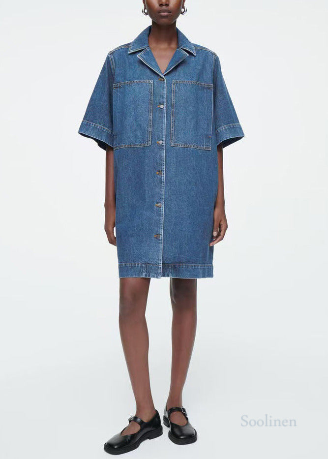 Italian Blue Notched Pockets Denim Straight Dress Summer