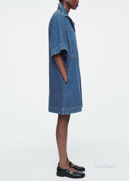 Italian Blue Notched Pockets Denim Straight Dress Summer