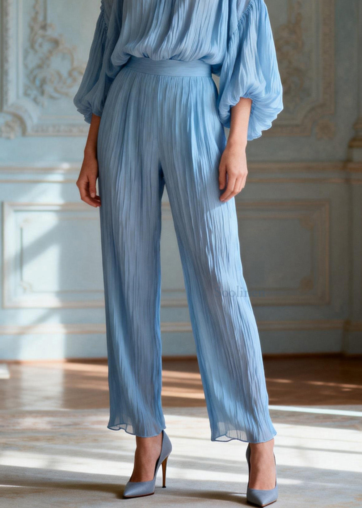 Italian Blue O-Neck Ruffled Patchwork Silk Two-Piece Set Summer