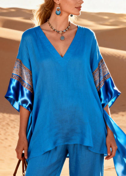 Italian Blue Oversized Patchwork Cotton 2 Piece Outfit Half Sleeve