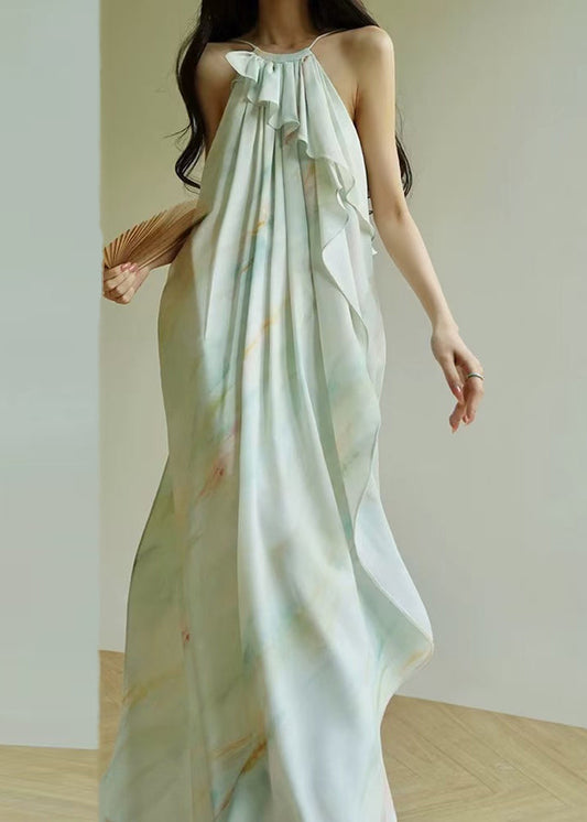 Italian Blue Ruffled Print Cotton Spaghetti Strap Dress Sleeveless