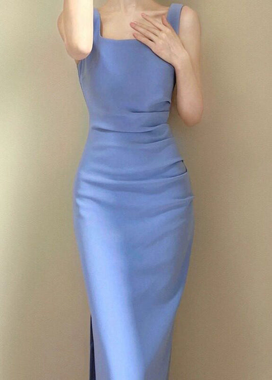 Italian Blue Side Open Wrinkled Cotton Dress Sleeveless