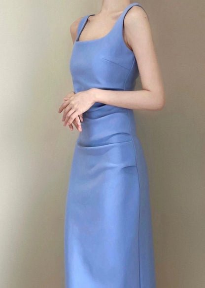 Italian Blue Side Open Wrinkled Cotton Dress Sleeveless