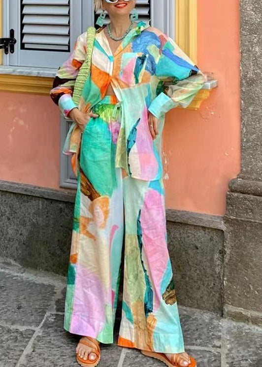 Italian Colorblock Oversized Doodle Print Cotton Two Pieces Set Fall