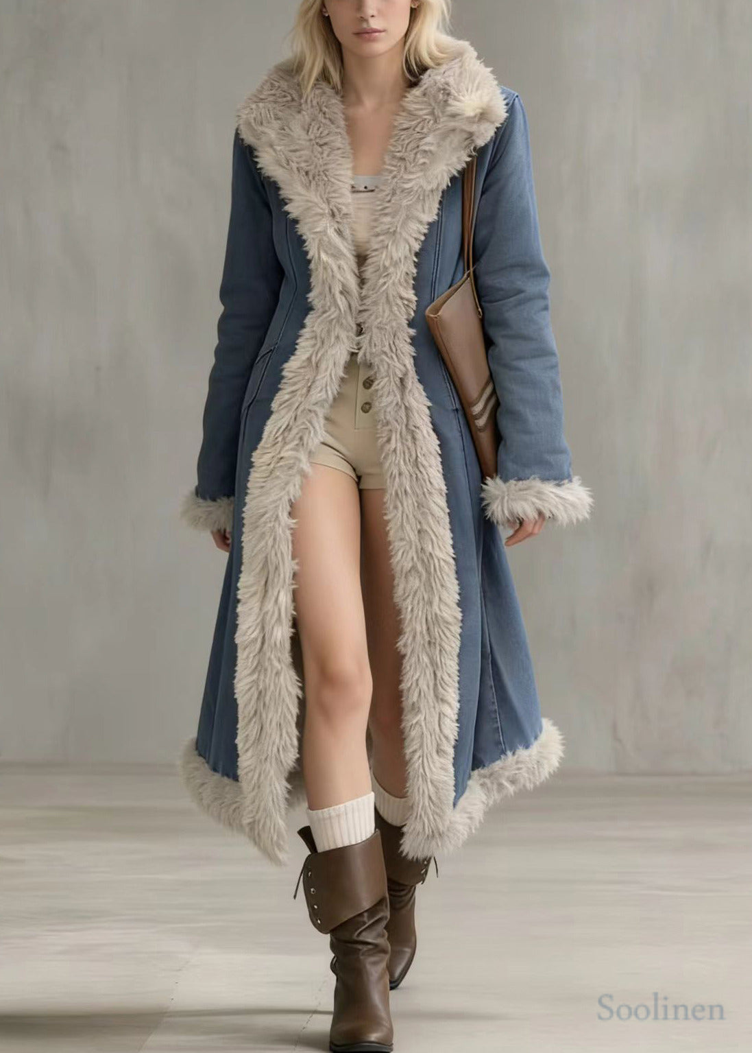 Italian Denim Blue Peter Pan Collar Patchwork Faux Fur Cotton Filled Trench Winter