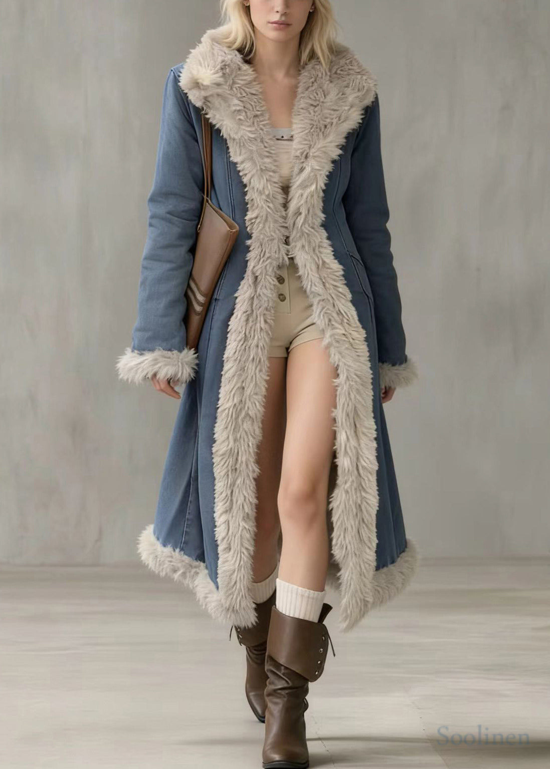 Italian Denim Blue Peter Pan Collar Patchwork Faux Fur Cotton Filled Trench Winter