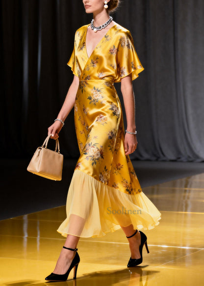 Italian Golden Print Patchwork Tulle Silk Robe Dress Summer