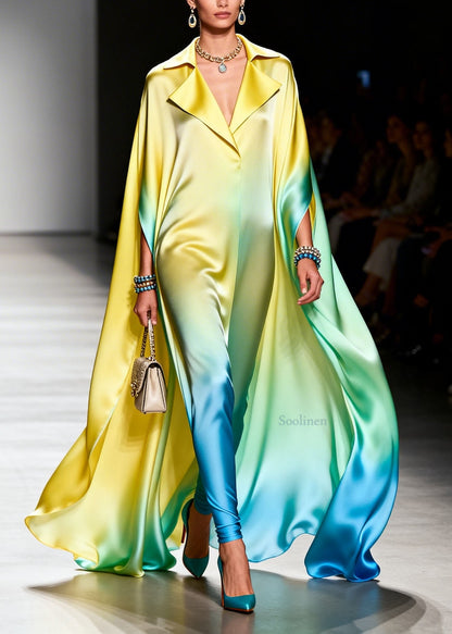 Italian Gradient Color Peter Pan Collar Chiffon Maxi Dresses Summer