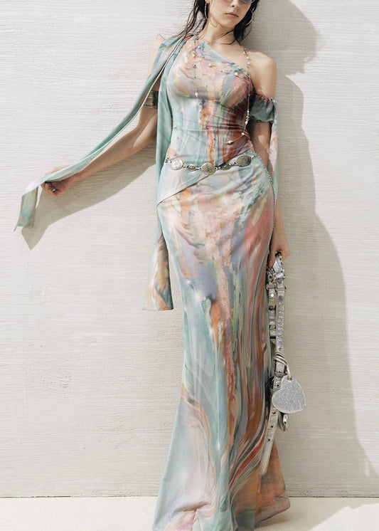 Italian Green Asymmetrical Print Tulle Two-Piece Set Sleeveless