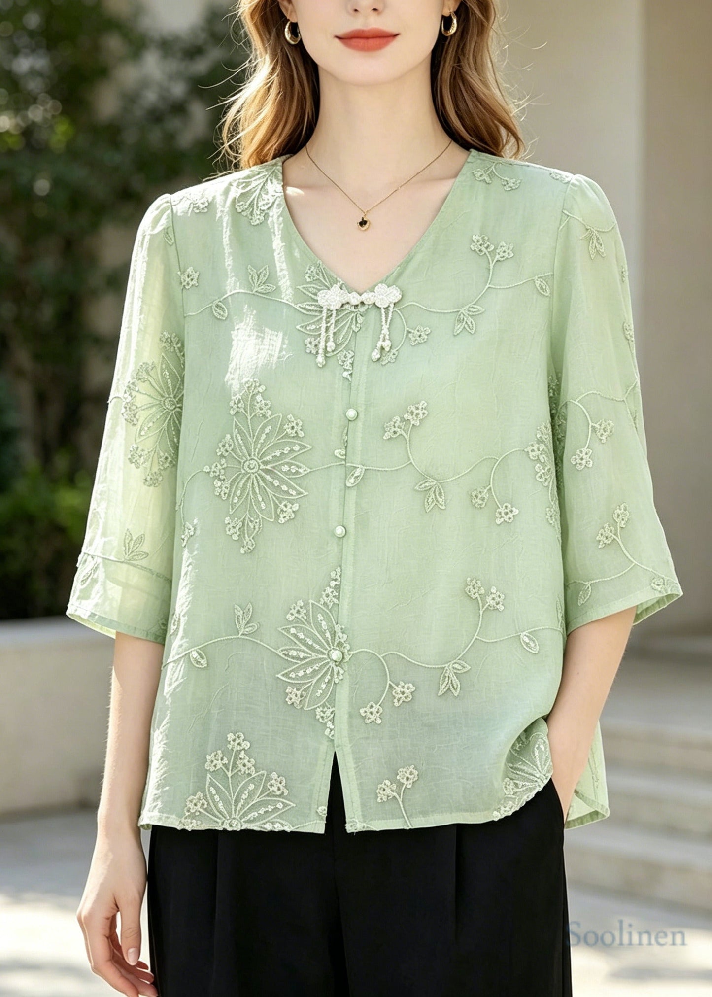 Italian Green Embroidered Tasseled Chiffon Blouses Half Sleeve
