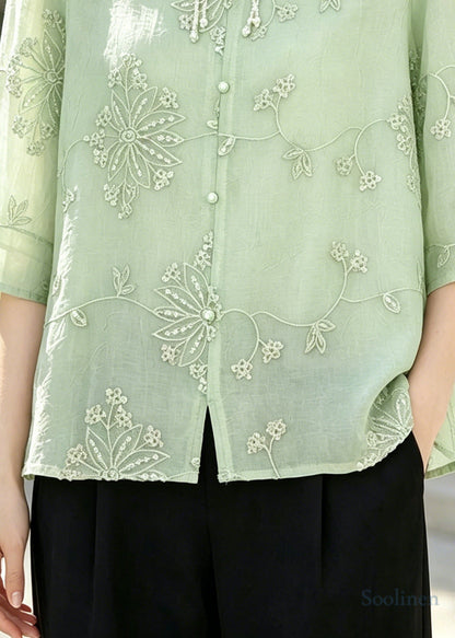 Italian Green Embroidered Tasseled Chiffon Blouses Half Sleeve