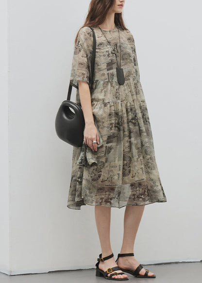 Italian Green Khaki O Neck Print Patchwork Silk Dress Summer