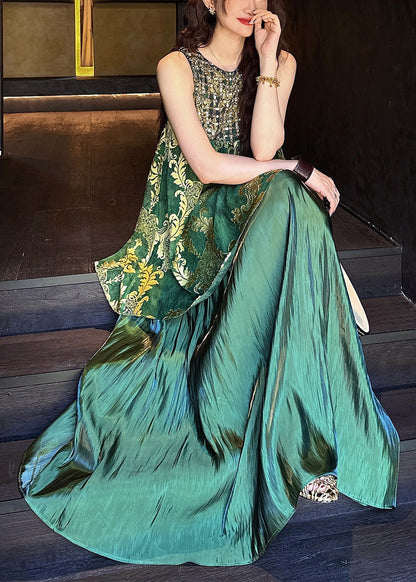 Italian Green O Neck Sequins Tulle Patchwork Silk Dresses Sleeveless