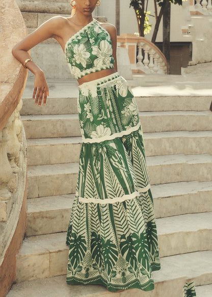 Italian Green One Shoulder Print Top And Maxi Skirts Two Pieces Set Sleeveless