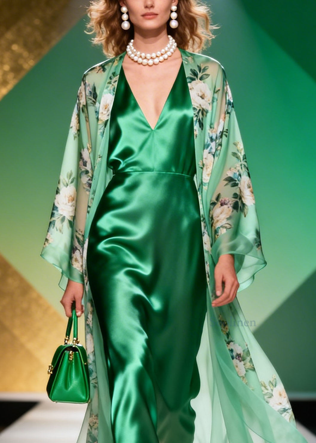 Italian Green Print Cardigans Dress Silk Two Pieces Set Summer