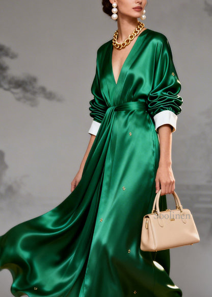 Italian Green V Neck Patchwork Silk Maxi Dresses Summer
