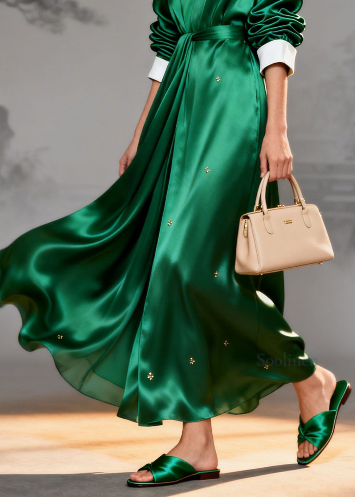 Italian Green V Neck Patchwork Silk Maxi Dresses Summer