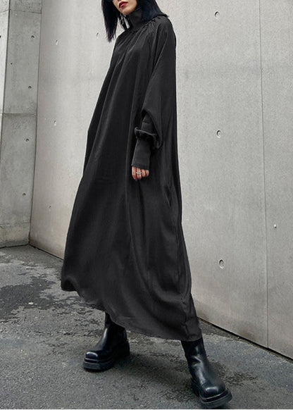 Italian Grey Hign Neck Patchwork Cotton Maxi Dresses Long Sleeve