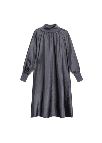 Italian Grey Hign Neck Patchwork Cotton Maxi Dresses Long Sleeve