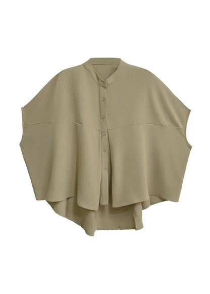 Italian Khaki O Neck Button Patchwork Cotton Shirt Tops Batwing Sleeve